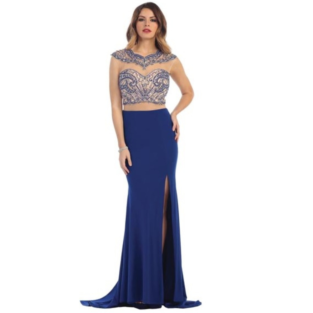 Royal Blue Jewel Embellished High Side Slit Gown